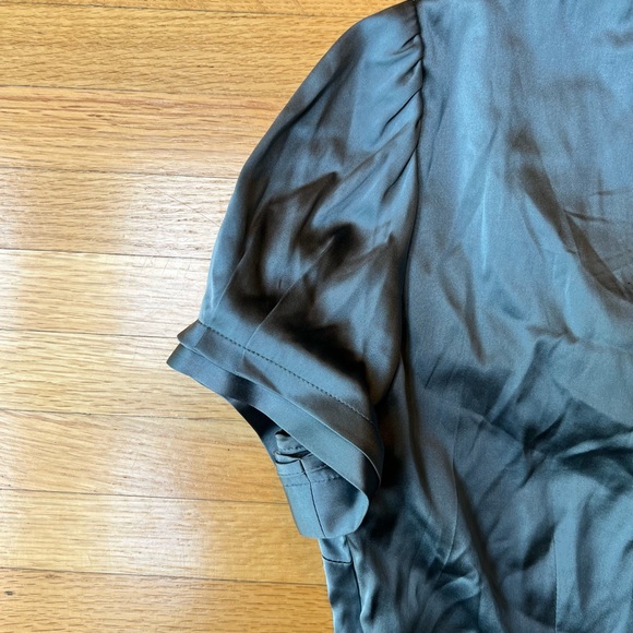 BCBGMAXAZRIA gun metal satin short sleeved blouse with ruffle detail - Picture 3 of 8